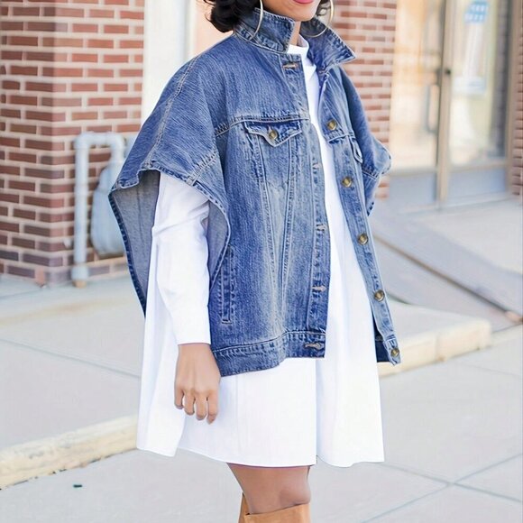 Blue Sexy Women's Pure Color Wash Button Short Sleeve Slim-Fitting Jeans Blouse - Picture 1 of 4